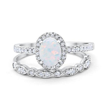 Halo 2-Piece Oval Lab Created White Opal Wedding Bridal Set Ring 925 Sterling Silver